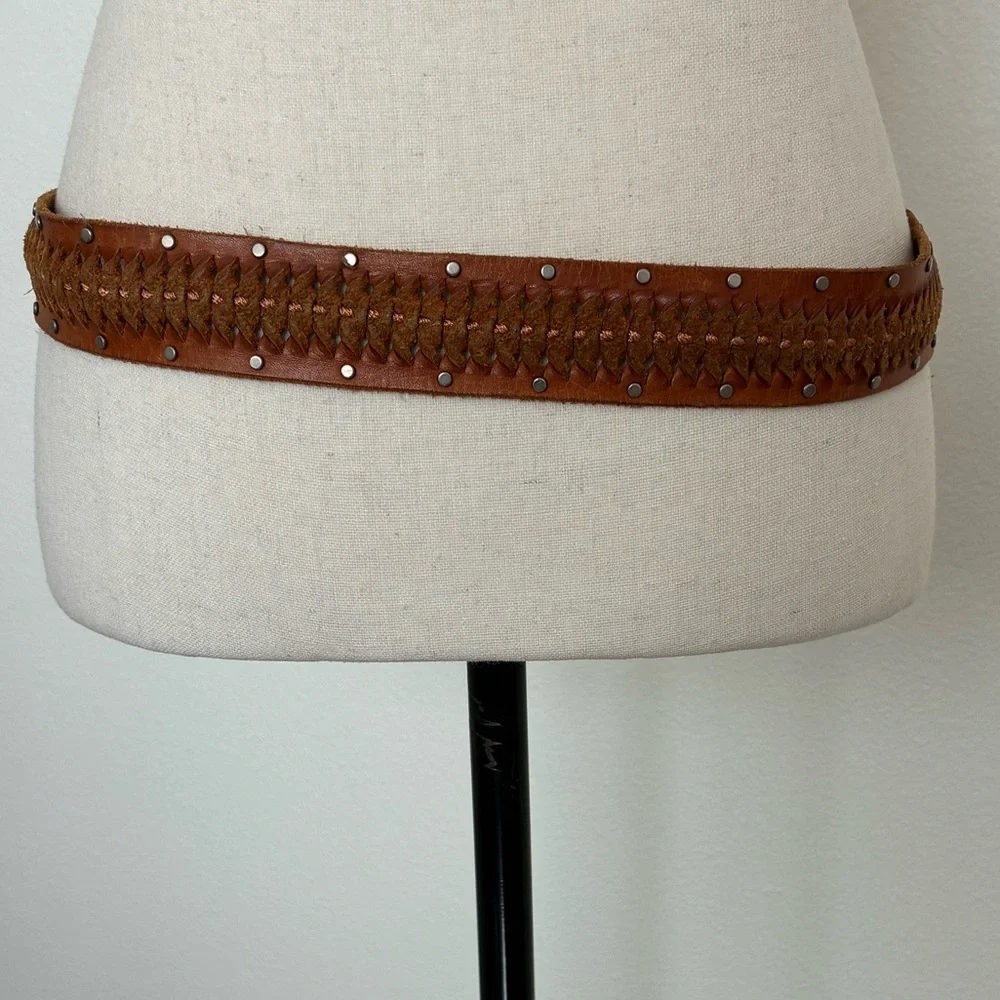 Buckle Braided Leather Studded Brown Belt
